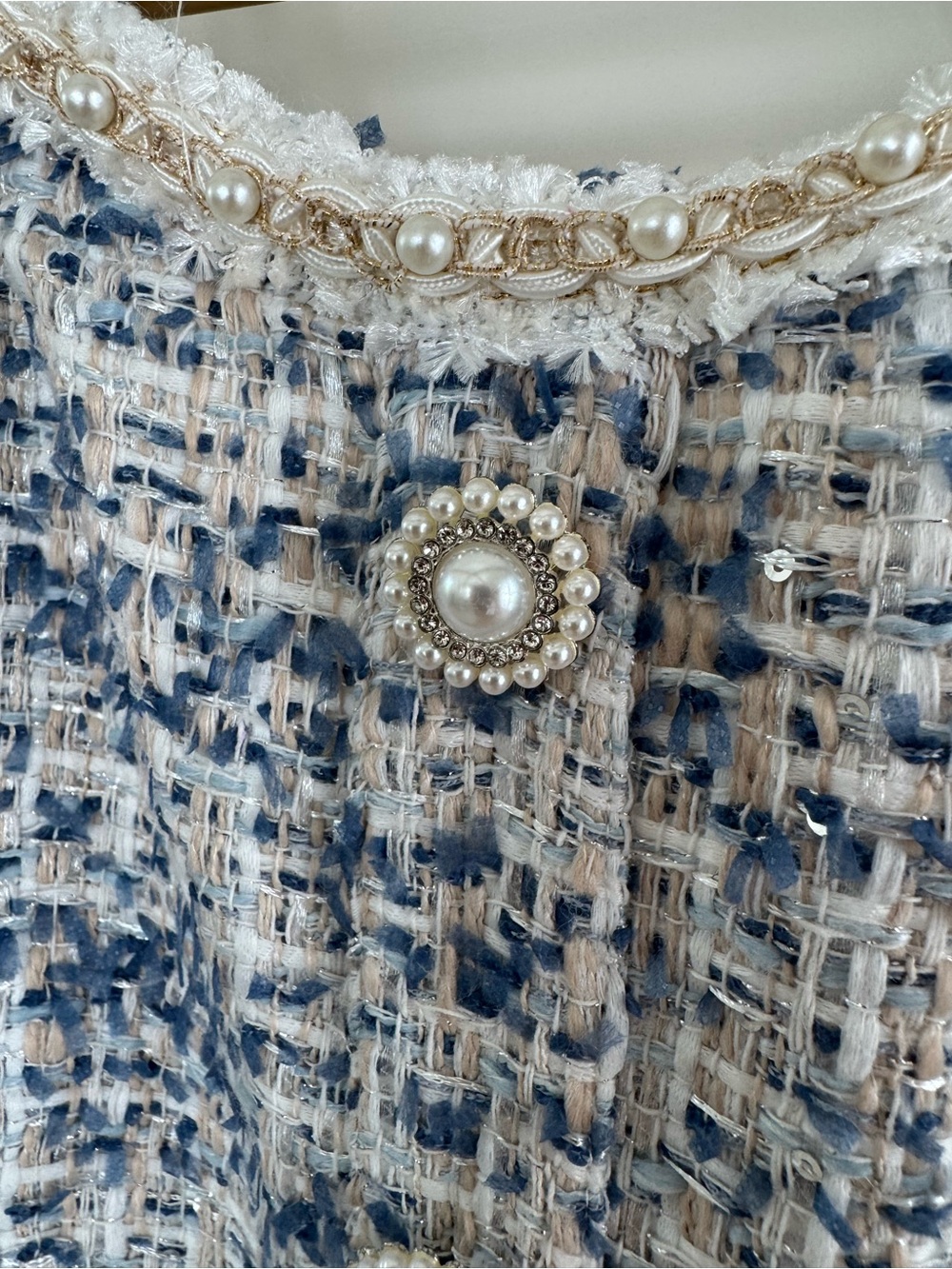 NWT Lulu's Blue & White Tweed Jumpsuit with Beaded details Size M - Picture 4 of 9